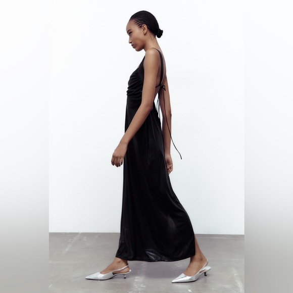 Zara NWT Long Ruched Dress in Black Metallic Maxi Open Back Size M Medium New - Picture 5 of 10